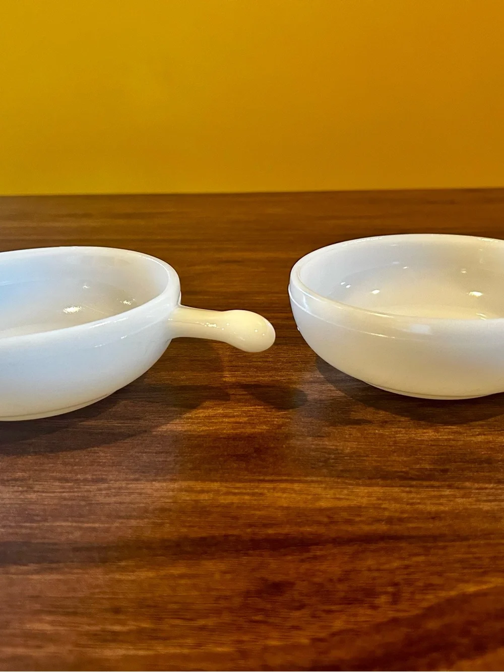 Vintage Glasbake White Milk Glass Bowls Set of 2 soups & Sauces w lugnut handle